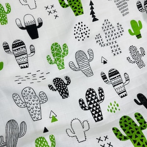 Kaktus Musselin 100% Baumwolle, Weicher Baby Swaddle Stoff, Grün Schwarz Weißer Wüsten Stoff, baby tuch,