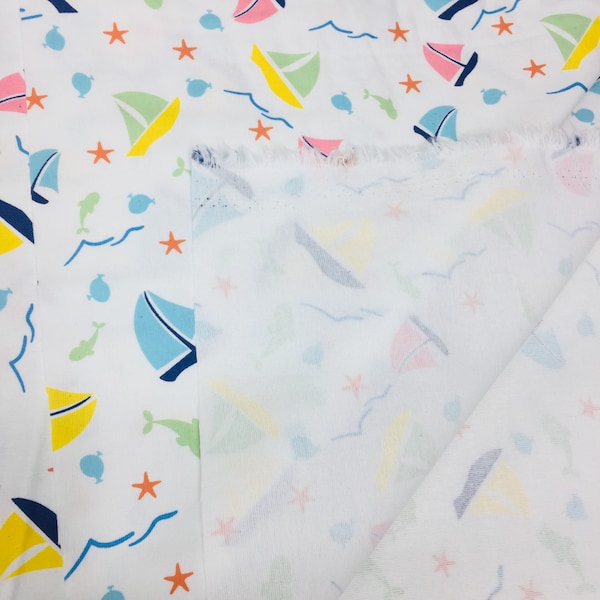 Sailboat printed flannel fabric, wide 2.62 yard, Cotton flannel, baby flannel fabric,  turkish cotton,  printed fabric, fish printed fabric,