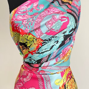 Silky Satin Fabric, Width 1.64 yards, multicolor Baroque Pattern, pink yellow aqua Colors, Digital print, Apparel, Kimono, Wedding Dresses,