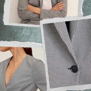 May include: A black and white houndstooth blazer with a single button closure. The blazer is shown in three different close-up shots.