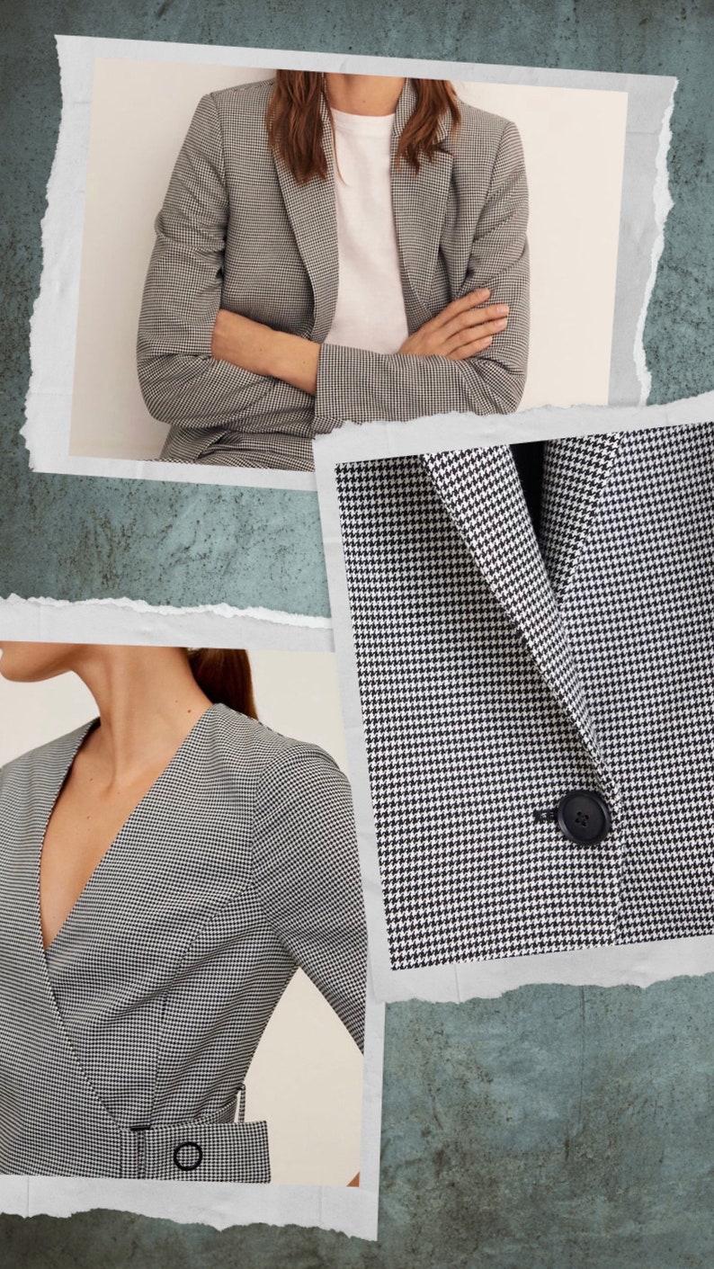 May include: A black and white houndstooth blazer with a single button closure. The blazer is shown in three different close-up shots.