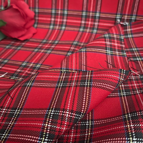 Red Royal Stewart Tartan, wide 1.64yard, Plaid pattern, polyviscose, Red Black plaid fabric, jackets, poncho, napkin, dress, apron, home tex