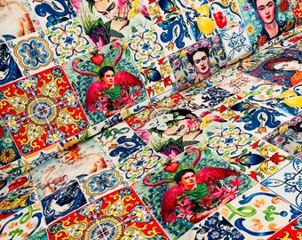 Frida Yellow Printed Fabric, Width 55", Digital Printed Fabric, Furniture and Cushion Upholstery, Home Decoration, Curtain, chair, Craft,