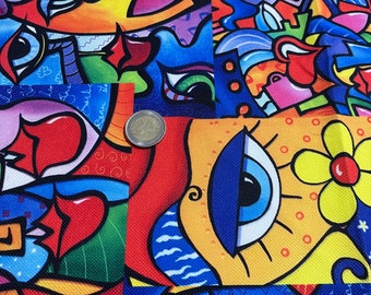 Graffiti Printed Fabric, Width 55", Pop culture Digital Printed Fabric, eyes, lips, fun Upholstery, Home Decoration, party costum fabric,