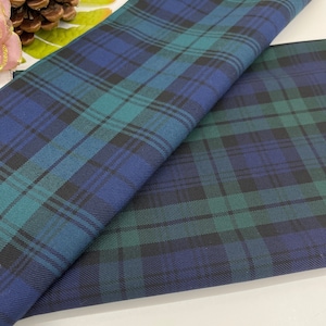 Green navy plaid pattern, wide 59in, Blackwatch tartan, cotton polyviscose plaid fabric, jackets, poncho, napkins, scarf, pillow, home decor
