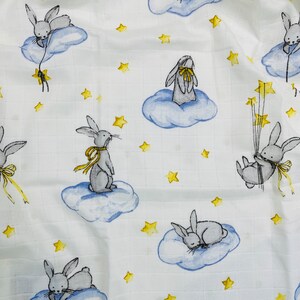 Rabbit White Dream Double gauze Fabric, Stars and Clouds Modern Nursery, Premium Digital Print doublegauze, Wide160cm, Blue or Gray clouds