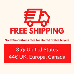 May include: A graphic illustration of a red delivery truck icon positioned above the text FREE SHIPPING. Below this, the text reads No extra customs fees for United States buyers, followed by a red rectangle containing 35$ United States and 44&euro; UK, Europa, Canada.