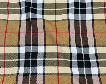 Beige Plaid Pattern, Wide 59in, Polyviscose Tartan Fabric, Jackets, Skirt, Poncho, Napkins, Scarf, Pillow, Home decor, caramel thompson,