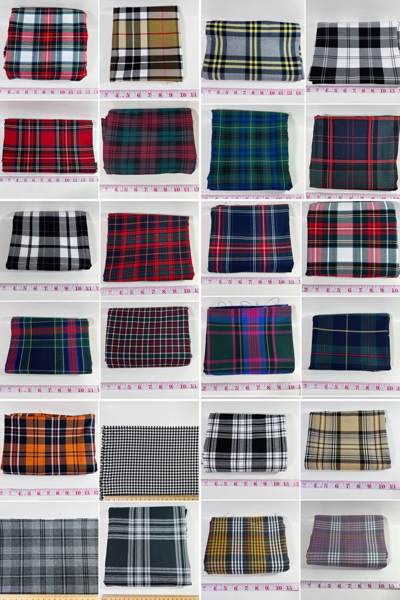A collection of 24 different plaid fabric swatches. The swatches are arranged in a grid of four rows and six columns. Each swatch is a different color combination of red, green, blue, black, white, and brown. The swatches are all folded in half and placed on a white surface. A measuring tape is visible at the bottom of each swatch.