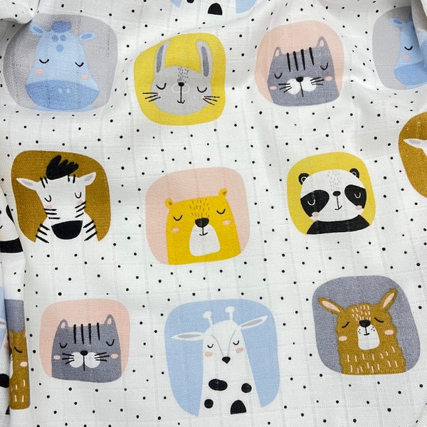 Sleeping animals baby muslin fabric, printed muslin, Natural organic Baby, double Gauze, 100% Cotton, panda, koala, zebra, bear, rabbit, cat