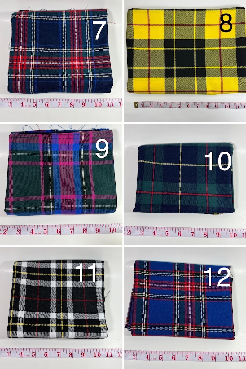 May include: Six folded fabric swatches with plaid patterns labeled 7 through 12. Each swatch is positioned above a measuring tape showing widths up to 11 inches. The patterns feature various color combinations including red, blue, yellow, green, and black.