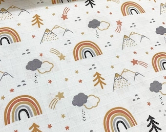Cinnamon double gauze rainbow print, wide 1.74 yrd baby muslin, Natural Fabric, organic Baby Fabric, 100% Cotton, breastfeeding cover,