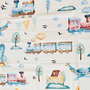 Train printed gauze fabric, wide 1,75yard, kids decor, Natural, breathable, double Gauze, 100% Cotton, soft natural, swaddle, ecofriendly