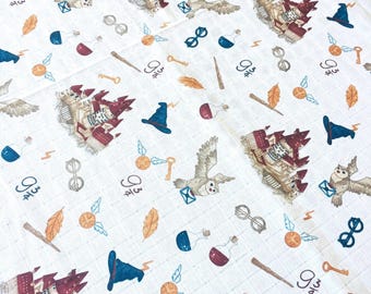 Magical Symbols doublegauze, wide 64inc, Muslin Wizard, Natural Baby Fabric, double Gauze Fabric, 100% Cotton, owl print, school of magic,