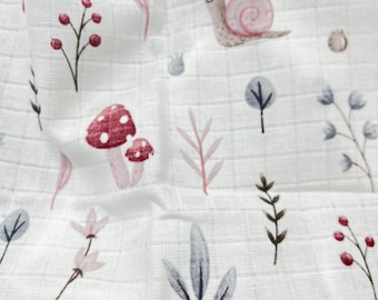 Meadow mushroom fabric, wide 62 in, Doublegauze, soft, natural, pink or mustard printed, snail, acorn, 100% Cotton, towel, swaddle, blanket,