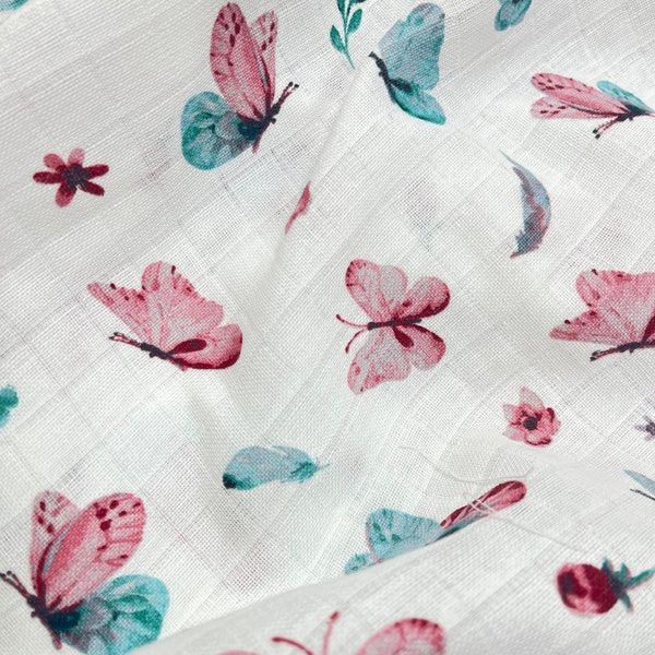 Butterfly muslin fabric, wide 62” pink mint butterfly, breezy soft, natural double gauze, 100% Cotton, bathrobe, girl kids clothing,