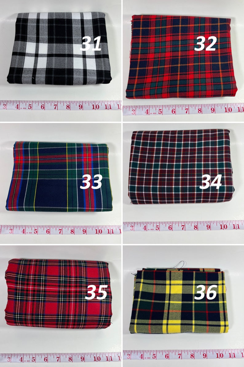 May include: Six folded fabric swatches labeled 31 through 36, each featuring distinct plaid patterns in various color combinations. A white measuring tape is positioned below each swatch, showing widths ranging from approximately 9 to 11 inches.