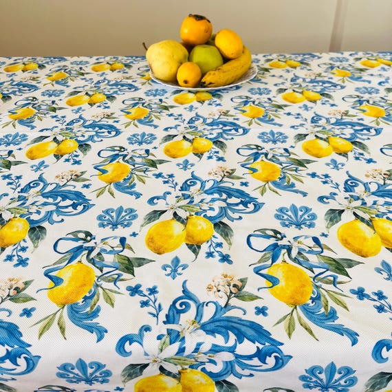 Blue baroque, Lemon Printed Fabric, Width 55", Digital Printed Fabric, Upholstery, modern kitchen decor, napkin, pillow, drapery, majolica,