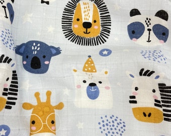 blue muslin printed animals, width 1.75yard, baby muslin fabric, soft Baby Fabric, double Gauze Fabric, 100% Cotton, forest animals printed