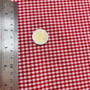 May include: Close-up of red and white checkered fabric. A silver and gold two-euro coin is on the fabric. A metal ruler is on the left side of the fabric, showing measurements in inches.