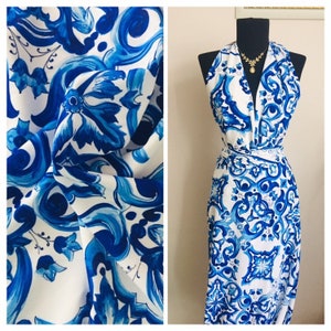 Majolica Pattern silky crepe fabric, width 1.64 yards, Blue Sicillian digital print, by yard, apparel, blouse, wedding fabric, craft fabric,