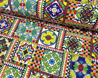 Upholstery canvas fabric, wide 1.96 yards, Water and oil repellent, portuguese style, tile pattern, home decoration, modern outdoor material