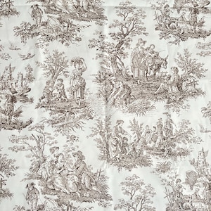 Toile d'ameublement, 1,96 mètre de large, motif de ferme française marron hydrofuge et oléofuge, style campagnard, toile de jouy,