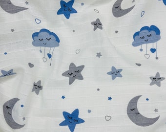 Blue star doublegauze fabric, wide 1.75yrd, Natural Muslin, breathable, 100% Cotton, baby blanket, pant, swaddle, ecofriendly, clothing,