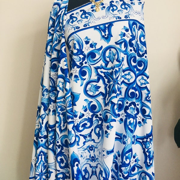 Majolica Pattern chiffone/crepe, width 1.64 yards, Blue Sicillian digital print, by yard, wedding dress, blouse, Gift, sewing material