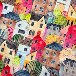 Könnte beinhalten: Eine Aquarellillustration einer dichten Stadtlandschaft mit bunten Häusern in Rot-, Gelb-, Blau- und Brauntönen. Die Szene zeigt verschiedene Dachformen, rechteckige Fenster und stilisierte Bäume mit gepunkteten Texturen, die überall verteilt sind.