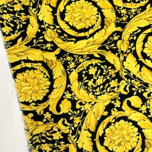 Silky crepe Fabric, Width 1.64 yards, Gold Baroque Pattern, Black Yellow Colors, Digital print, Apparel, Blouse, Kimono, soft accesories