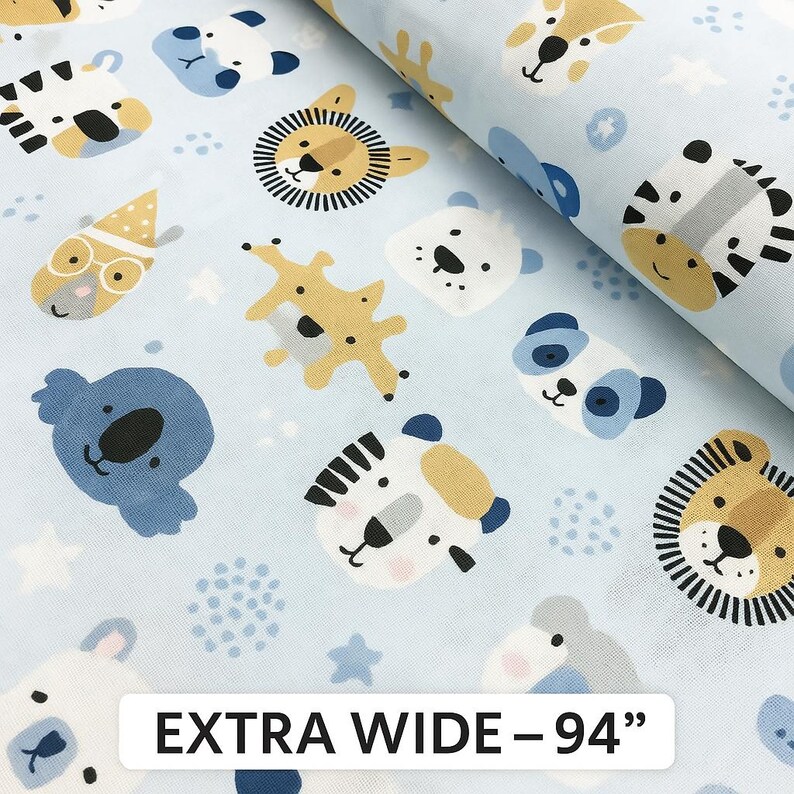 May include: A light blue fabric featuring a repeating pattern of various animal faces including lions, zebras, pandas, and koalas, interspersed with small white stars and dots. The fabric includes a label stating EXTRA WIDE &ndash; 94 inches.