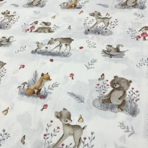 premium cotton fabric, wide 94inc, gazellle, bear digital printed cotton, Natural Fabric, 100% Cotton, forest print, Modern Nursery,