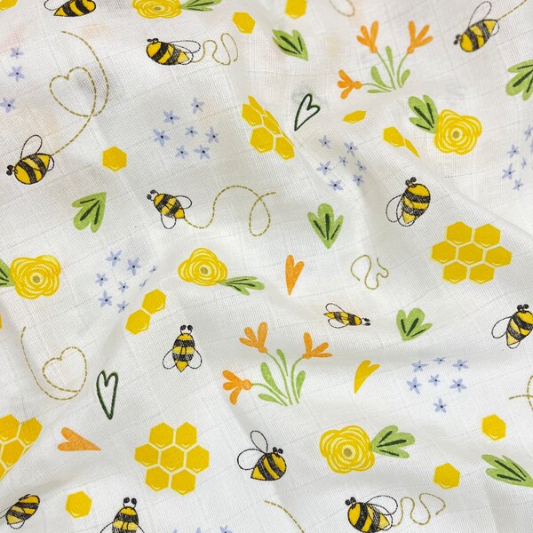 cute bees baby muslin fabric, printed muslin, Natural Fabric, organic Baby Fabric, double Gauze, 100% Cotton, baby towel fabric, bathrobe