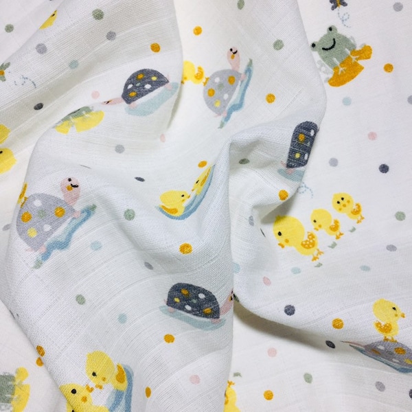 Chick muslin fabric, wide 160cm breastfeeding cover, Baby Cotton muslin, printed fabric, swaddle fabric, little yellow bird print,