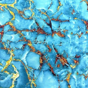 May include: Abstract blue and gold marble pattern with a swirling, veined design.