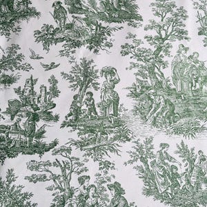 Toile d'ameublement, large de 1,96 mètre, ferme française verte hydrofuge et oléofuge, style campagnard, toile de jouy, pastoral, vintage