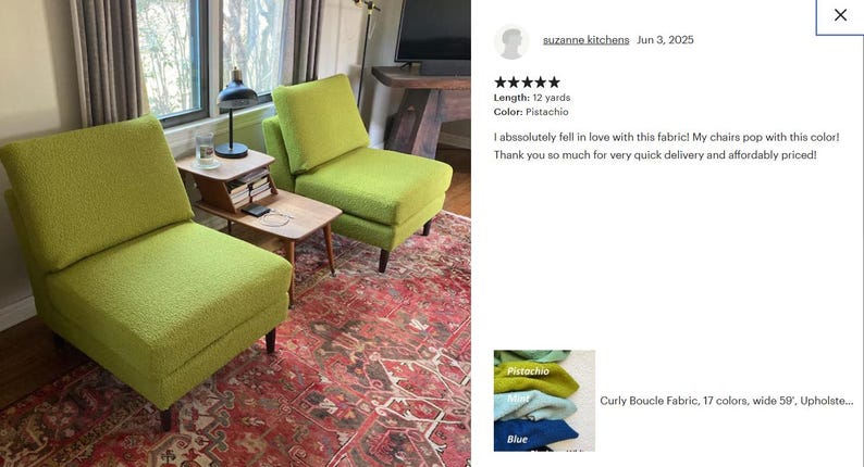 May include: Two lime green armchairs with a textured fabric, in a living room setting. The chairs have dark wooden legs and are on a patterned red rug. A small wooden side table and a lamp are between the chairs.