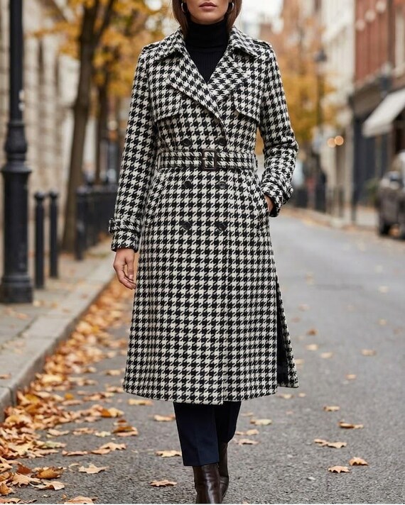 Wool Blend Wool Houndstooth Coat Wool-Blend Oversized Houndstooth