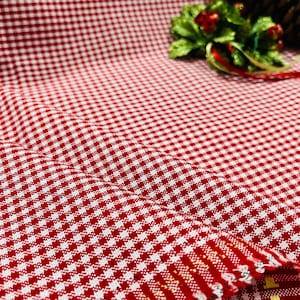 May include: Close-up of red and white checkered fabric. The fabric is folded, showing the texture and pattern. The pattern is a classic gingham design, with small squares of red and white. The fabric is likely cotton or a similar material.