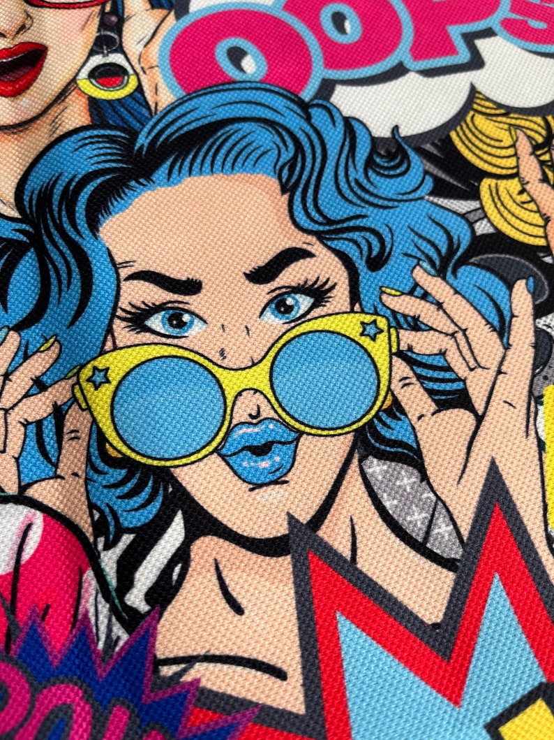 May include: A colorful pop art style illustration of a woman with blue hair wearing yellow sunglasses with blue lenses. The woman is looking at the viewer with a surprised expression. The background is filled with colorful shapes and patterns.