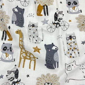 Tiere aus Musselin Strass Stoff, 160cm breit, Natur Double Musselin Stoff, 100% Baumwolle, Bär, Panda, Giraffe, Löwe