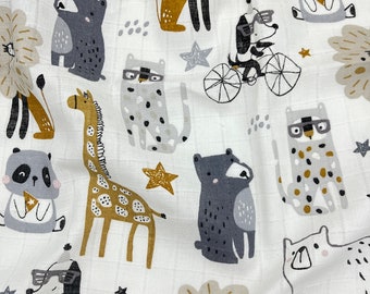 Animals in street muslin fabric, wide 63", Natural Baby double Gauze, 100% Cotton, bear, panda, giraffe, lion