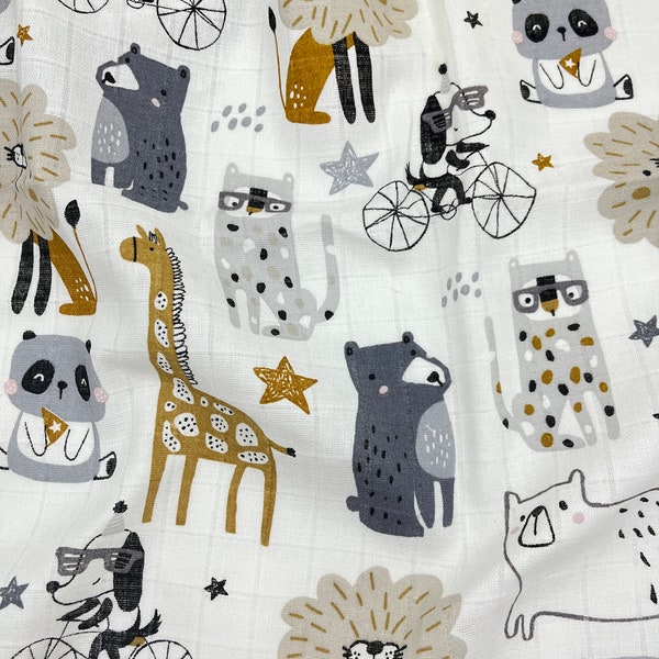 Animals in street muslin fabric, wide 63", printed muslin, Natural Baby Fabric, double Gauze Fabric, 100% Cotton, bear, panda, giraffe,