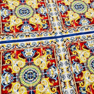 Sicilian Pattern, Majolica silky crepe fabric, width 1.64 yards, Moroccan Tile Watercolor digital print, apparel, blouse, sunny pattern