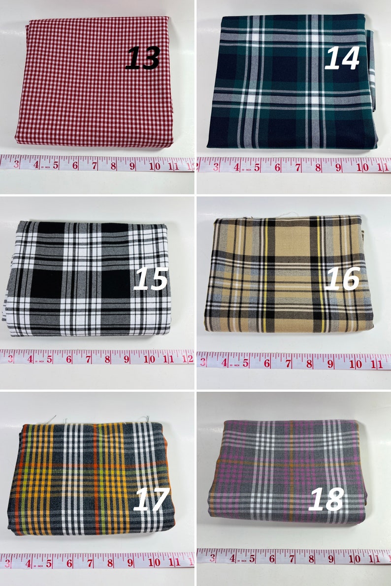 May include: Six folded fabric swatches labeled 13 through 18, each featuring distinct plaid or gingham patterns in red, green, black, tan, yellow, and purple, displayed alongside a measuring tape showing lengths up to 11 inches for each piece.