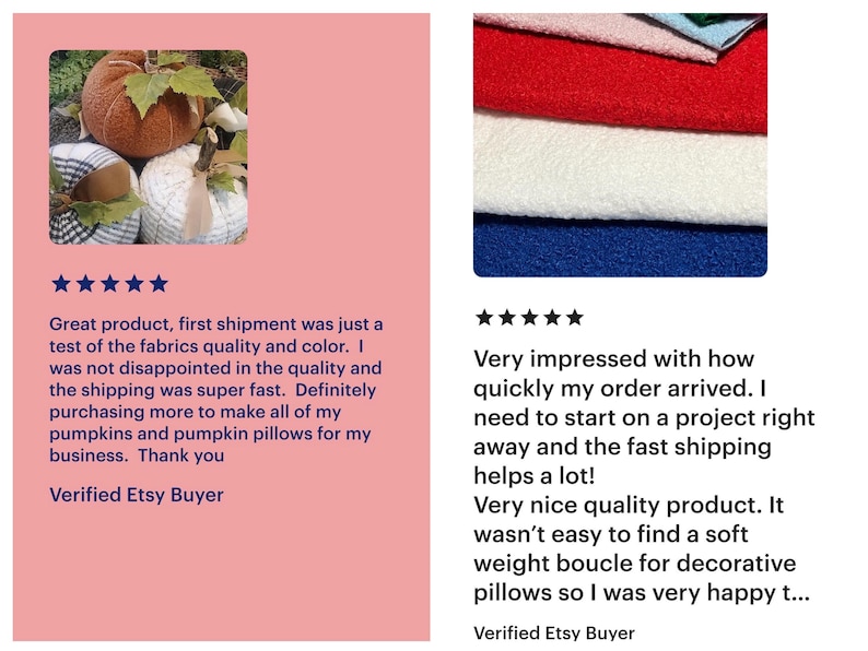 May include: The image shows a review of fabric quality and colour. The reviewer was impressed with the quality and fast shipping. The image also shows a variety of decorative pumpkins.