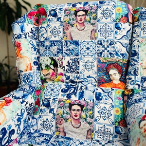 Frida blue Printed Fabric, Width 55&quot;, Digital Printed Fabric, Furniture and Cushion Upholstery, Home Decoration,  Curtain, chair, Craft, bag