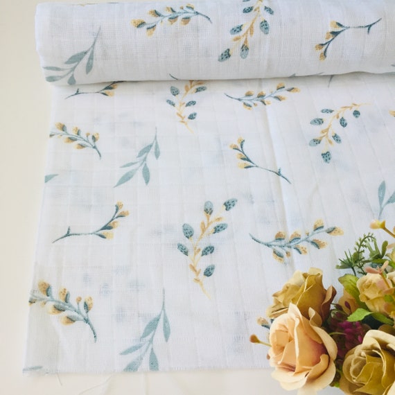 Leaves Print Double Gauze Muslin Fabric, 100% Cotton, Wide 1.74 yards