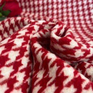 Wool Houndstooth Fabric, 380gsm, Wide 1.64yard, Tweed Wool Blend Red White Fabric, Skirt, Vest, Tops, Cardigan, Poncho, Coat, scarves,